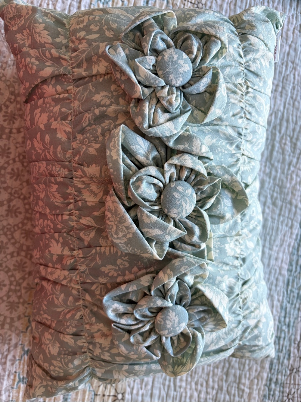 Floral Quilted Decorative Pillow with Rosette Accents